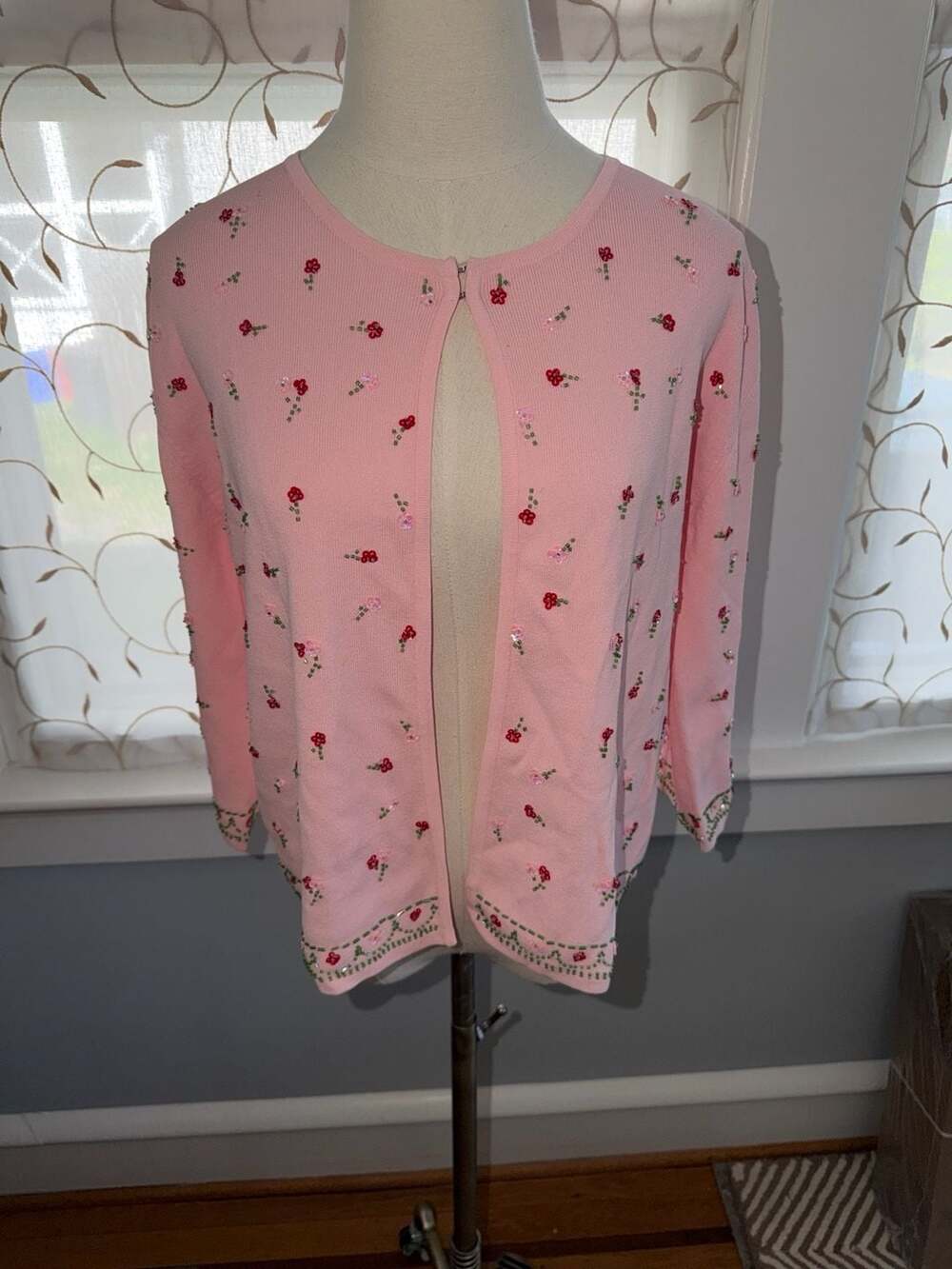 Joseph A. Pink Floral Beaded Sequin Cardigan Sweater